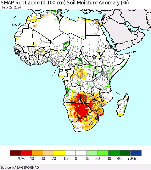 Africa SMAP Root Zone (0-100 cm) Soil Moisture Anomaly (%) Thematic Map For 2/26/2024 - 2/29/2024