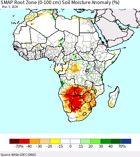 Africa SMAP Root Zone (0-100 cm) Soil Moisture Anomaly (%) Thematic Map For 3/1/2024 - 3/5/2024