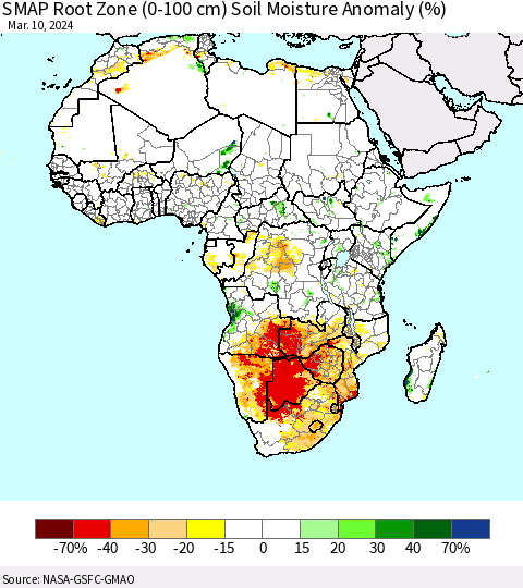 Africa SMAP Root Zone (0-100 cm) Soil Moisture Anomaly (%) Thematic Map For 3/6/2024 - 3/10/2024