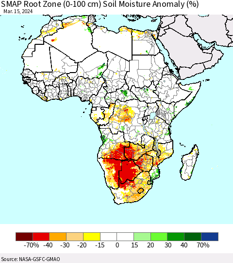 Africa SMAP Root Zone (0-100 cm) Soil Moisture Anomaly (%) Thematic Map For 3/11/2024 - 3/15/2024
