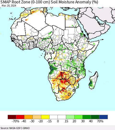 Africa SMAP Root Zone (0-100 cm) Soil Moisture Anomaly (%) Thematic Map For 3/16/2024 - 3/20/2024