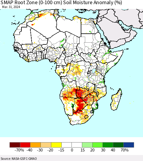 Africa SMAP Root Zone (0-100 cm) Soil Moisture Anomaly (%) Thematic Map For 3/26/2024 - 3/31/2024