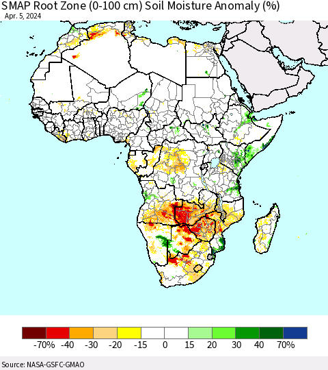 Africa SMAP Root Zone (0-100 cm) Soil Moisture Anomaly (%) Thematic Map For 4/1/2024 - 4/5/2024