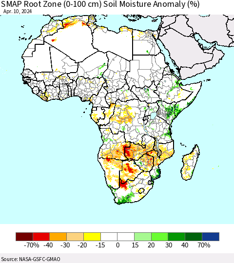 Africa SMAP Root Zone (0-100 cm) Soil Moisture Anomaly (%) Thematic Map For 4/6/2024 - 4/10/2024