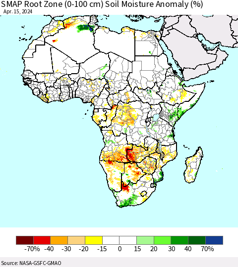 Africa SMAP Root Zone (0-100 cm) Soil Moisture Anomaly (%) Thematic Map For 4/11/2024 - 4/15/2024