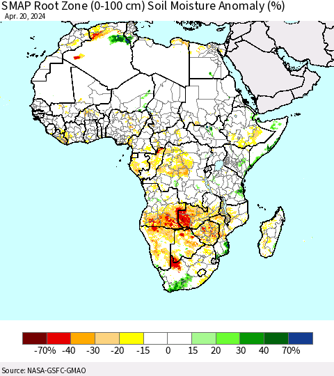 Africa SMAP Root Zone (0-100 cm) Soil Moisture Anomaly (%) Thematic Map For 4/16/2024 - 4/20/2024