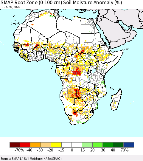 Africa SMAP Root Zone (0-100 cm) Soil Moisture Anomaly (%) Thematic Map For 6/26/2024 - 6/30/2024