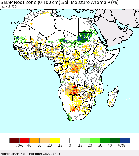 Africa SMAP Root Zone (0-100 cm) Soil Moisture Anomaly (%) Thematic Map For 8/1/2024 - 8/5/2024