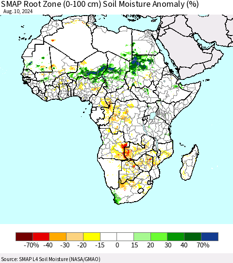 Africa SMAP Root Zone (0-100 cm) Soil Moisture Anomaly (%) Thematic Map For 8/6/2024 - 8/10/2024