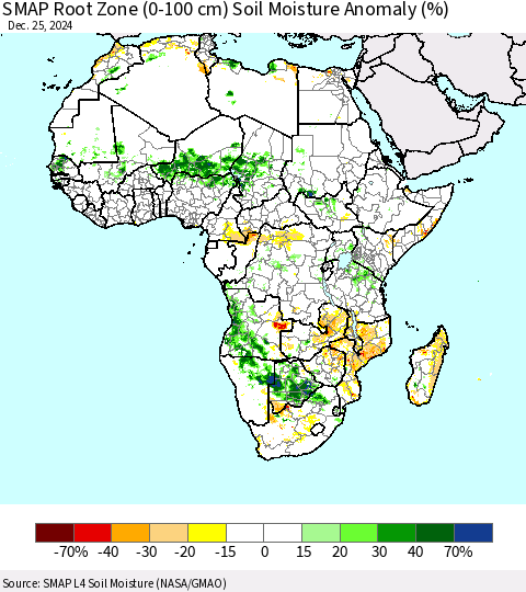 Africa SMAP Root Zone (0-100 cm) Soil Moisture Anomaly (%) Thematic Map For 12/21/2024 - 12/25/2024