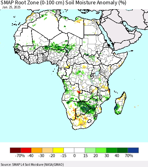 Africa SMAP Root Zone (0-100 cm) Soil Moisture Anomaly (%) Thematic Map For 1/21/2025 - 1/25/2025