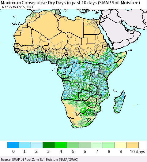 Africa Maximum Consecutive Dry Days in past 10 days (SMAP Soil Moisture) Thematic Map For 4/1/2023 - 4/5/2023