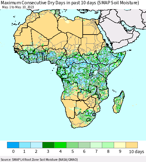 Africa Maximum Consecutive Dry Days in past 10 days (SMAP Soil Moisture) Thematic Map For 5/6/2023 - 5/10/2023