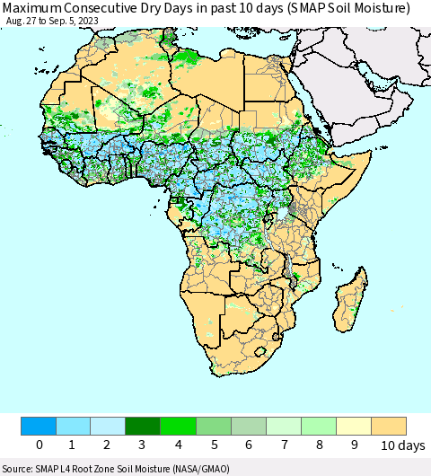 Africa Maximum Consecutive Dry Days in past 10 days (SMAP Soil Moisture) Thematic Map For 9/1/2023 - 9/5/2023