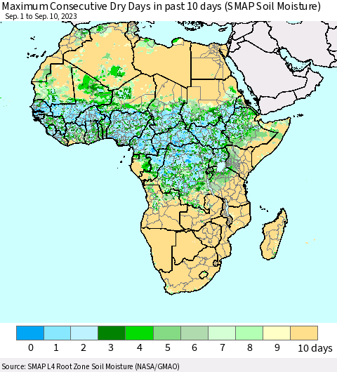 Africa Maximum Consecutive Dry Days in past 10 days (SMAP Soil Moisture) Thematic Map For 9/6/2023 - 9/10/2023