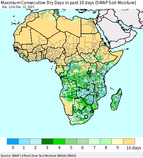 Africa Maximum Consecutive Dry Days in past 10 days (SMAP Soil Moisture) Thematic Map For 12/26/2023 - 12/31/2023