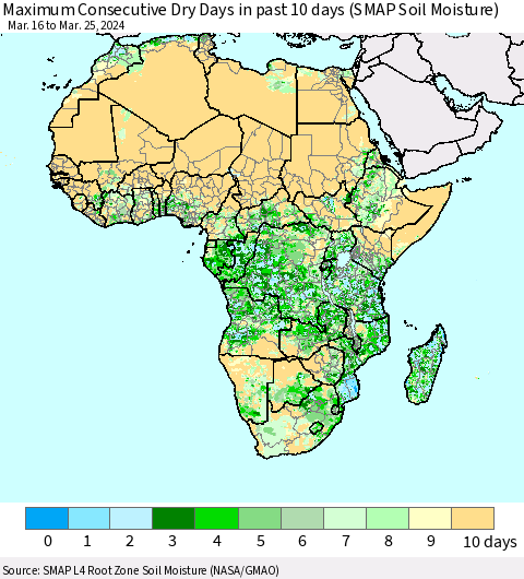 Africa Maximum Consecutive Dry Days in past 10 days (SMAP Soil Moisture) Thematic Map For 3/21/2024 - 3/25/2024
