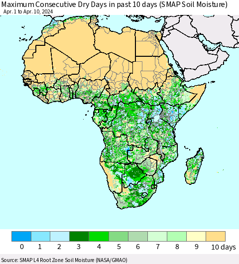 Africa Maximum Consecutive Dry Days in past 10 days (SMAP Soil Moisture) Thematic Map For 4/6/2024 - 4/10/2024