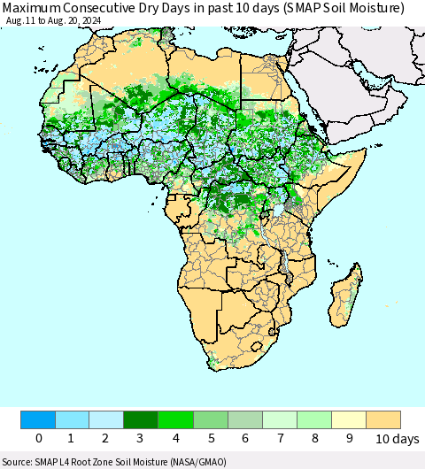 Africa Maximum Consecutive Dry Days in past 10 days (SMAP Soil Moisture) Thematic Map For 8/16/2024 - 8/20/2024
