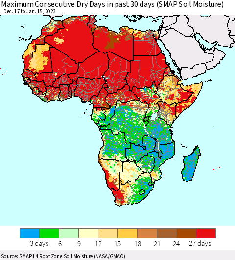Africa Maximum Consecutive Dry Days in past 30 days (SMAP Soil Moisture) Thematic Map For 1/11/2023 - 1/15/2023