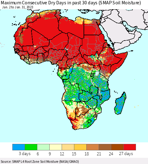 Africa Maximum Consecutive Dry Days in past 30 days (SMAP Soil Moisture) Thematic Map For 1/26/2023 - 1/31/2023