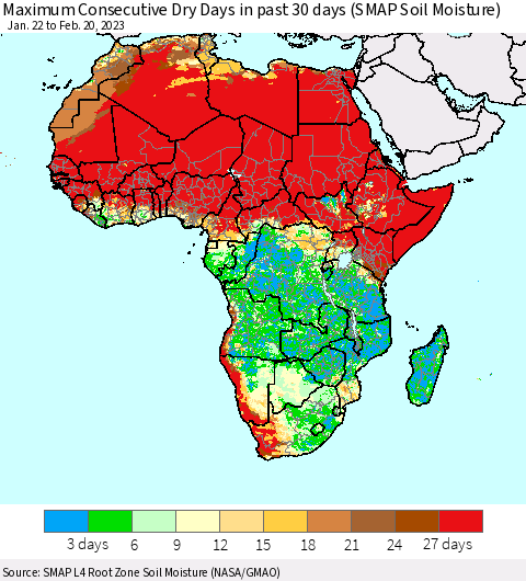 Africa Maximum Consecutive Dry Days in past 30 days (SMAP Soil Moisture) Thematic Map For 2/16/2023 - 2/20/2023