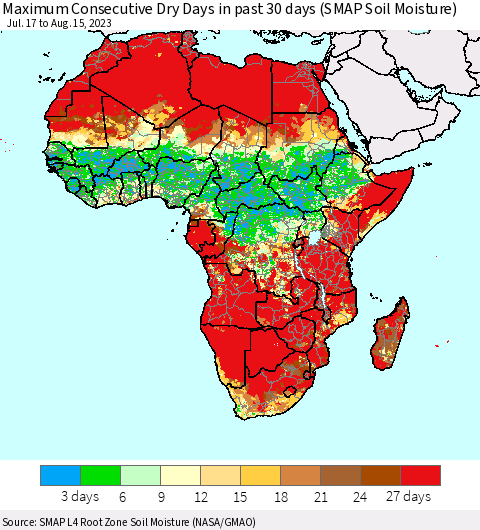 Africa Maximum Consecutive Dry Days in past 30 days (SMAP Soil Moisture) Thematic Map For 8/11/2023 - 8/15/2023