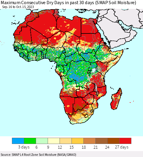 Africa Maximum Consecutive Dry Days in past 30 days (SMAP Soil Moisture) Thematic Map For 10/11/2023 - 10/15/2023