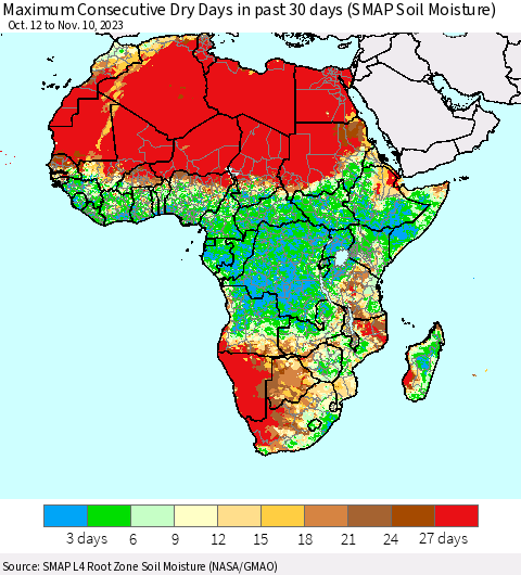 Africa Maximum Consecutive Dry Days in past 30 days (SMAP Soil Moisture) Thematic Map For 11/6/2023 - 11/10/2023
