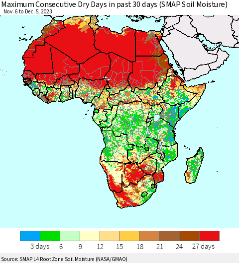 Africa Maximum Consecutive Dry Days in past 30 days (SMAP Soil Moisture) Thematic Map For 12/1/2023 - 12/5/2023