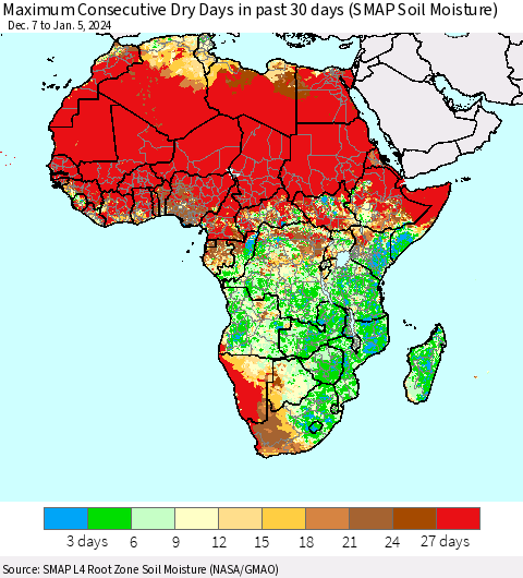 Africa Maximum Consecutive Dry Days in past 30 days (SMAP Soil Moisture) Thematic Map For 1/1/2024 - 1/5/2024