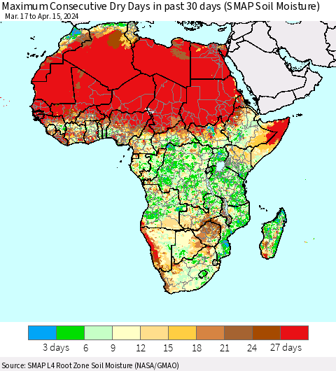 Africa Maximum Consecutive Dry Days in past 30 days (SMAP Soil Moisture) Thematic Map For 4/11/2024 - 4/15/2024