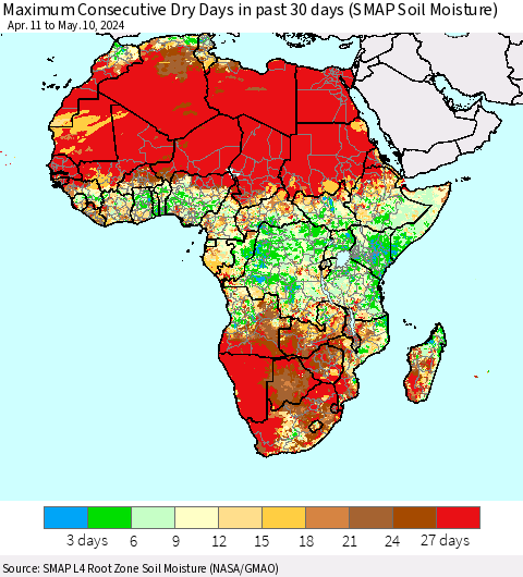 Africa Maximum Consecutive Dry Days in past 30 days (SMAP Soil Moisture) Thematic Map For 5/6/2024 - 5/10/2024
