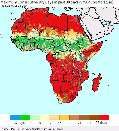 Africa Maximum Consecutive Dry Days in past 30 days (SMAP Soil Moisture) Thematic Map For 7/21/2024 - 7/25/2024