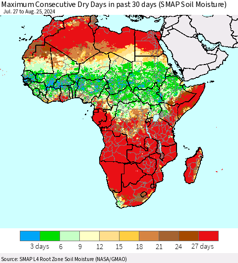 Africa Maximum Consecutive Dry Days in past 30 days (SMAP Soil Moisture) Thematic Map For 8/21/2024 - 8/25/2024