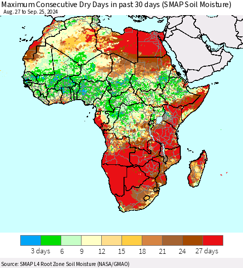 Africa Maximum Consecutive Dry Days in past 30 days (SMAP Soil Moisture) Thematic Map For 9/21/2024 - 9/25/2024