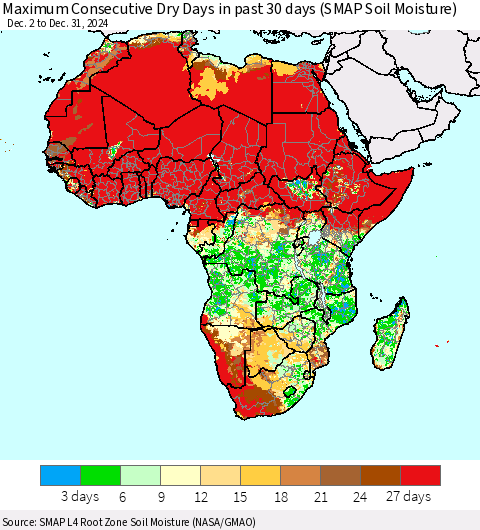 Africa Maximum Consecutive Dry Days in past 30 days (SMAP Soil Moisture) Thematic Map For 12/26/2024 - 12/31/2024