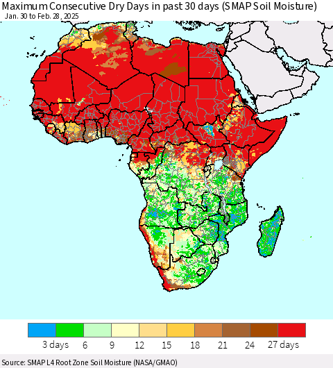 Africa Maximum Consecutive Dry Days in past 30 days (SMAP Soil Moisture) Thematic Map For 2/26/2025 - 2/28/2025