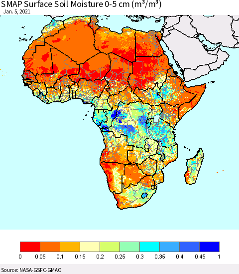 Africa SMAP Surface (0-5 cm) Soil Moisture (m³/m³) Thematic Map For 1/1/2021 - 1/5/2021