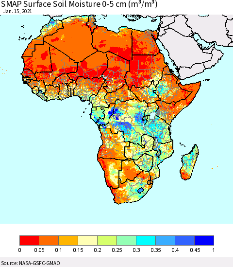 Africa SMAP Surface (0-5 cm) Soil Moisture (m³/m³) Thematic Map For 1/11/2021 - 1/15/2021