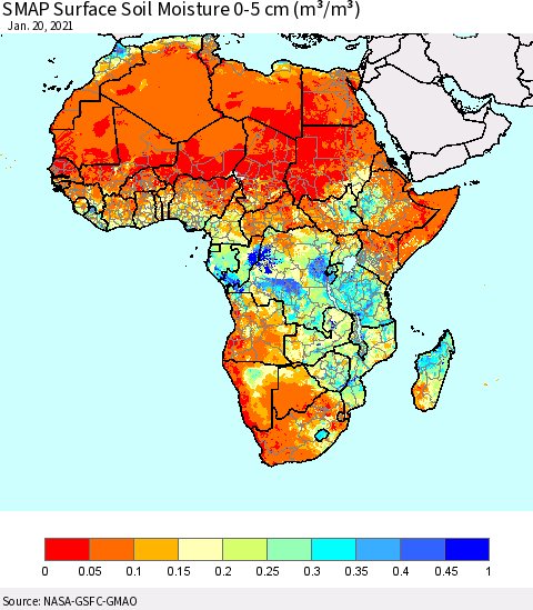 Africa SMAP Surface (0-5 cm) Soil Moisture (m³/m³) Thematic Map For 1/16/2021 - 1/20/2021
