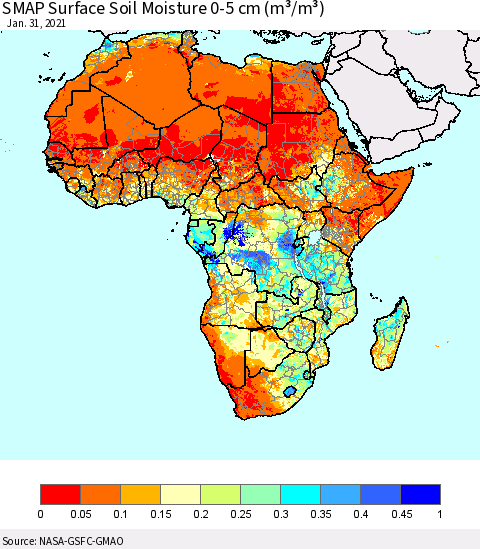Africa SMAP Surface (0-5 cm) Soil Moisture (m³/m³) Thematic Map For 1/26/2021 - 1/31/2021