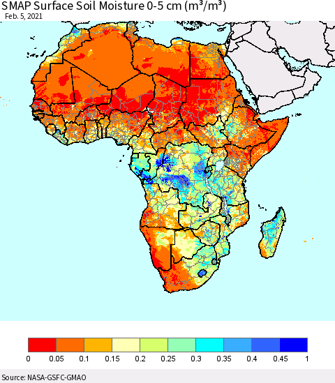 Africa SMAP Surface (0-5 cm) Soil Moisture (m³/m³) Thematic Map For 2/1/2021 - 2/5/2021
