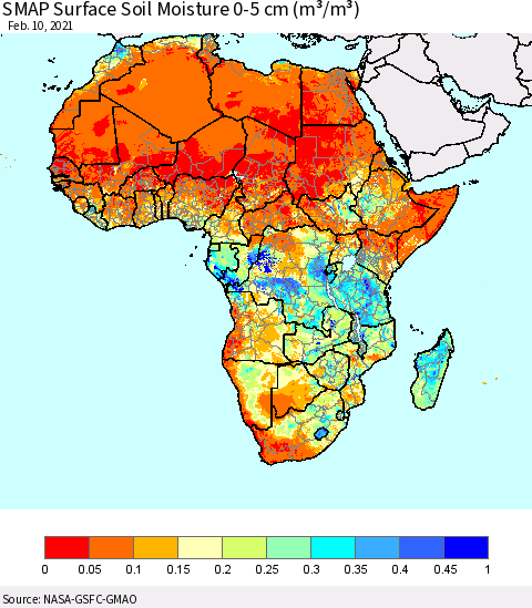 Africa SMAP Surface (0-5 cm) Soil Moisture (m³/m³) Thematic Map For 2/6/2021 - 2/10/2021