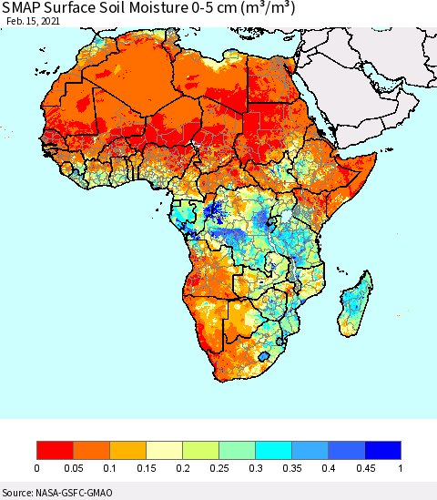 Africa SMAP Surface (0-5 cm) Soil Moisture (m³/m³) Thematic Map For 2/11/2021 - 2/15/2021