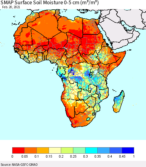 Africa SMAP Surface (0-5 cm) Soil Moisture (m³/m³) Thematic Map For 2/16/2021 - 2/20/2021