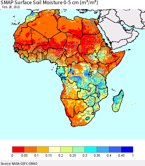 Africa SMAP Surface (0-5 cm) Soil Moisture (m³/m³) Thematic Map For 2/26/2021 - 2/28/2021