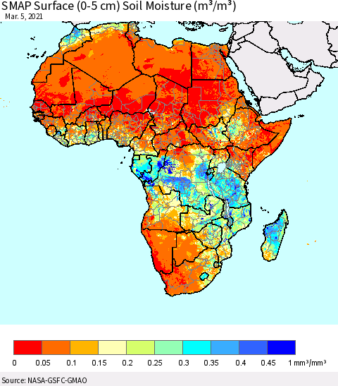 Africa SMAP Surface (0-5 cm) Soil Moisture (m³/m³) Thematic Map For 3/1/2021 - 3/5/2021