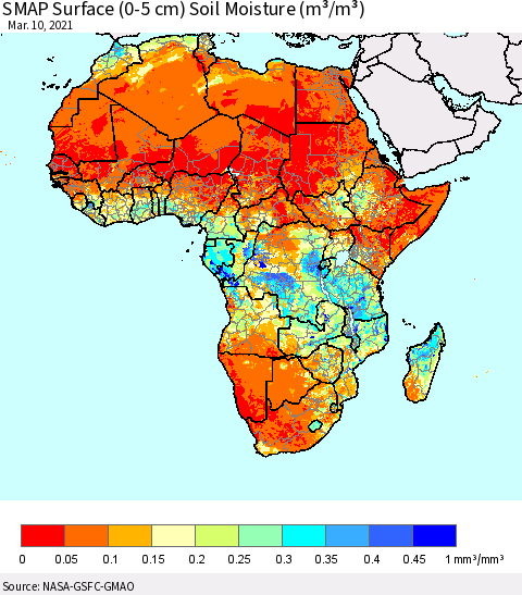 Africa SMAP Surface (0-5 cm) Soil Moisture (m³/m³) Thematic Map For 3/6/2021 - 3/10/2021