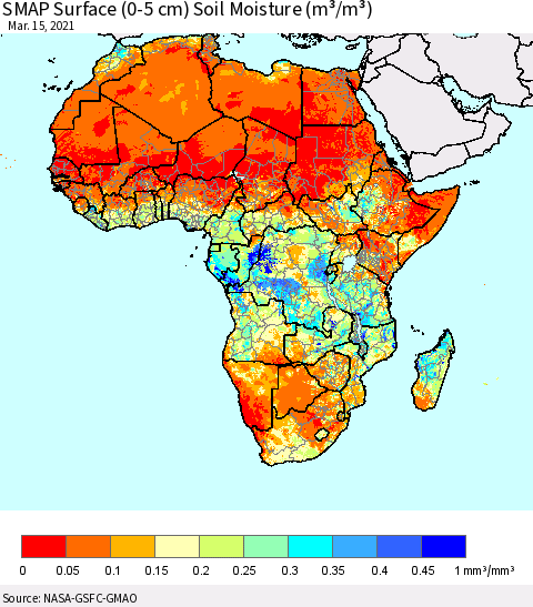 Africa SMAP Surface (0-5 cm) Soil Moisture (m³/m³) Thematic Map For 3/11/2021 - 3/15/2021